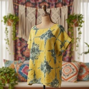 BELLAMBIA - 100% Linen Yellow Abstract Floral Short Sleeve Top Size S